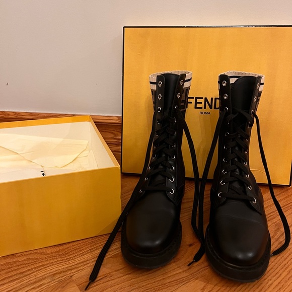 Fendi Knit Leather Combat Boots - Picture 2 of 5